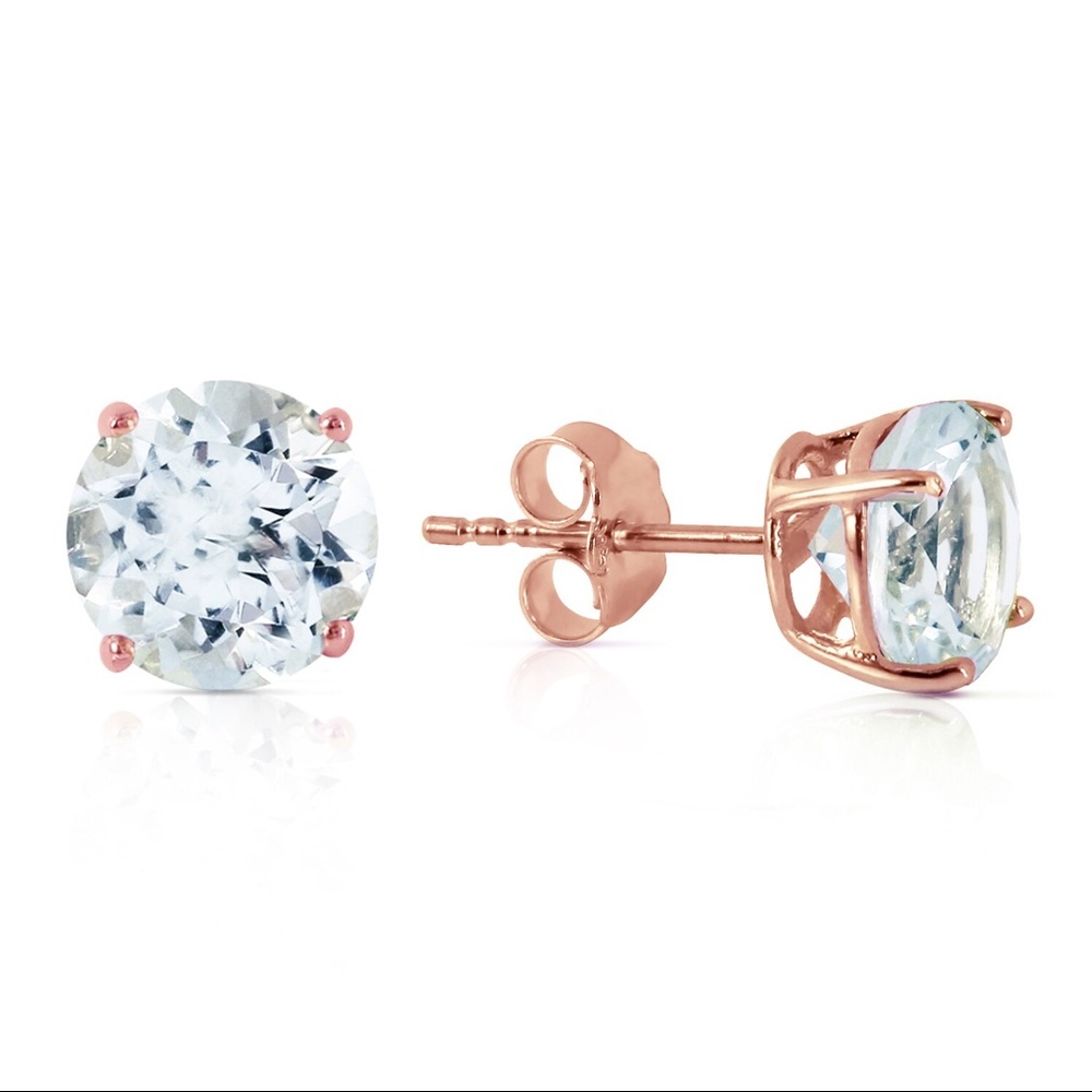 14K. GOLD STUD EARRING WITH NATURAL AQUAMARINES - Picture 1 of 3